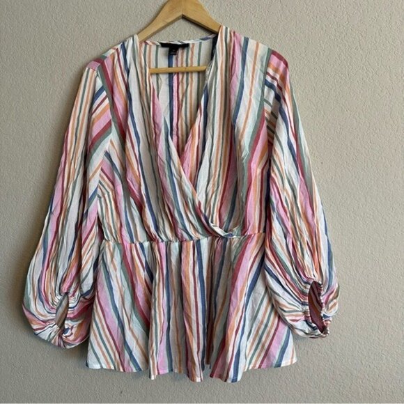Lane Bryant Striped Multicolor Crossover Peplum coquette Babydoll Top Size 14 - Picture 3 of 13